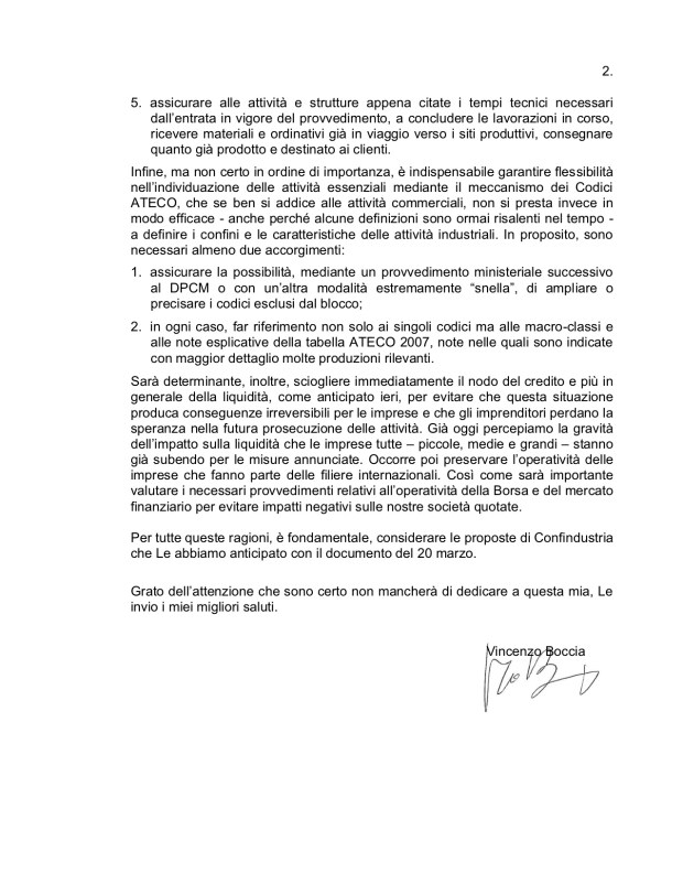 Lettera al Presidente del Consiglio dei Ministri Giuseppe Conte - Roma, 22 marzo 2020 2